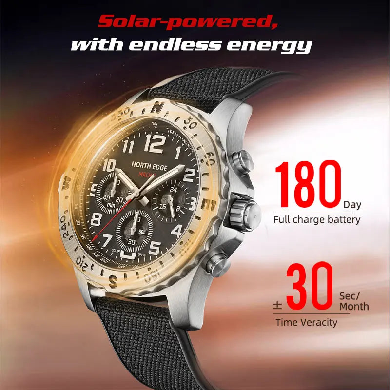 NORTH EDGE Men's Watches Solar Power 316 Stainless Steel Case Quartz Watch For Men Pilot Waterproof 50m Stopwatch MACH 2