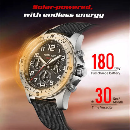 NORTH EDGE Men's Watches Solar Power 316 Stainless Steel Case Quartz Watch For Men Pilot Waterproof 50m Stopwatch MACH 2