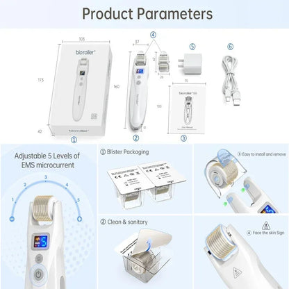 Bio Roller G5 540 Needles EMS Microneedling Derma Roller LED Light Therapy Vibration Microcurrent Facial Device With 2Pcs Heads