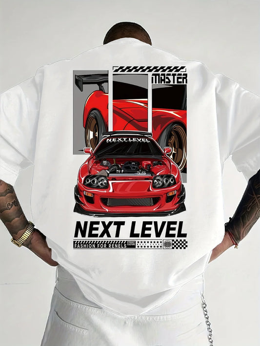 New Summer Men Loose T-shirt with Red Racing Pattern 100% Pure Cotton Material Suitable for Daily Wear Fashionable and Versatile
