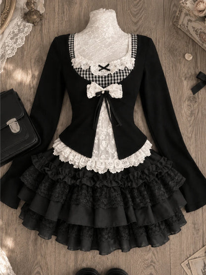 Sweet Lolita Lace Up Ruffles Cardigan+ Sexy Slim Fit Strapless Vest Tops+ High Waist Ruched Skirts Early Autumn Three Piece Sets