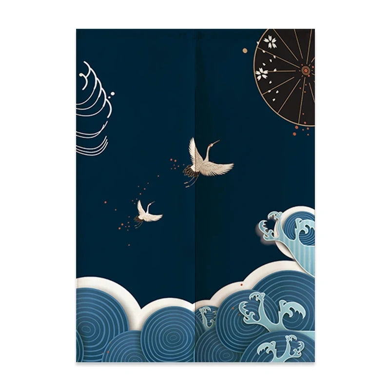 VIKAMA Japanese Linen Door Curtain Noren Half Curtain for Kitchen Bedroom Entrance Décor Customizable Mount Fuji Waves Partition