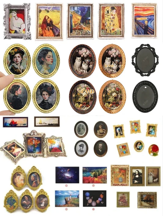 1:12 Miniature Vintage Oil Painting Framed Photos Dollhouse Accessories 1：6 Mini Wall Picture Dollhouse Kids Toys Supplies