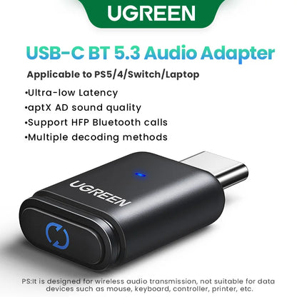 UGREEN USB C Type-C Bluetooth 5.3 Transmitter aptX HD AD Audio Adapter for PC PS5 PS4 Nintendo Switch Headset Speaker Mic