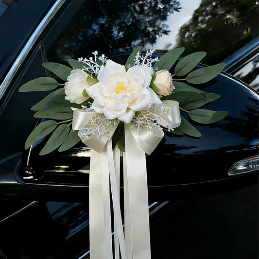Wedding Car Decorations, Artificial Flower Car Mirror Bouquet with Ribbon, Rose Chair Back Flower Eucalyptus for Wedding Party