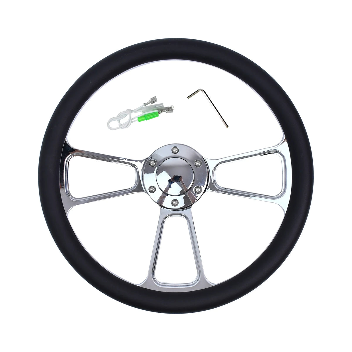 Universal 14 Inch 350mm Classic Retro Microfiber Leather Steering Wheel Black Chrome Plated Three Spoke Bracket 7mm Thick