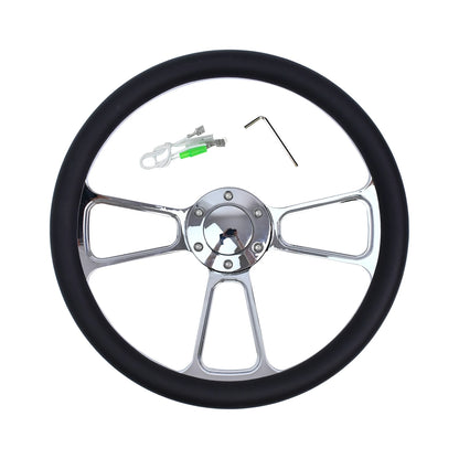 Universal 14 Inch 350mm Classic Retro Microfiber Leather Steering Wheel Black Chrome Plated Three Spoke Bracket 7mm Thick