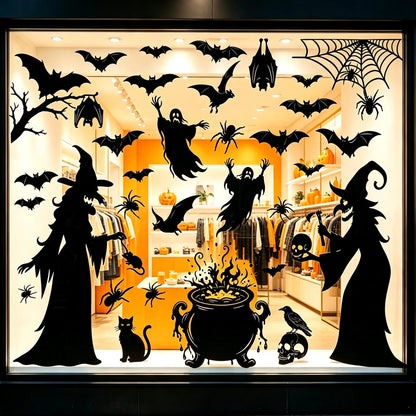 2026 New Halloween Static Window Clings Scary Witch Ghost Bat Silhouette Decals Reusable No Glue Glass Door Stickers Decoration