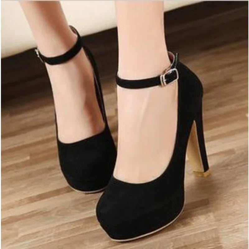Large Size 42 Sexy Super High Heels Shoes for Women Ankle Buckle Chunky Platform Pumps Woman Black Flock Square Heel Party Shoes