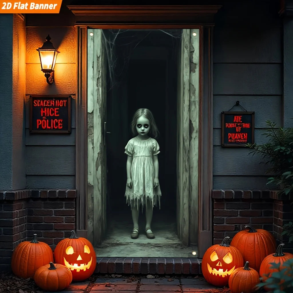 A 2D flat banner suitable for Halloween, featuring a large ghost girl door decoration
