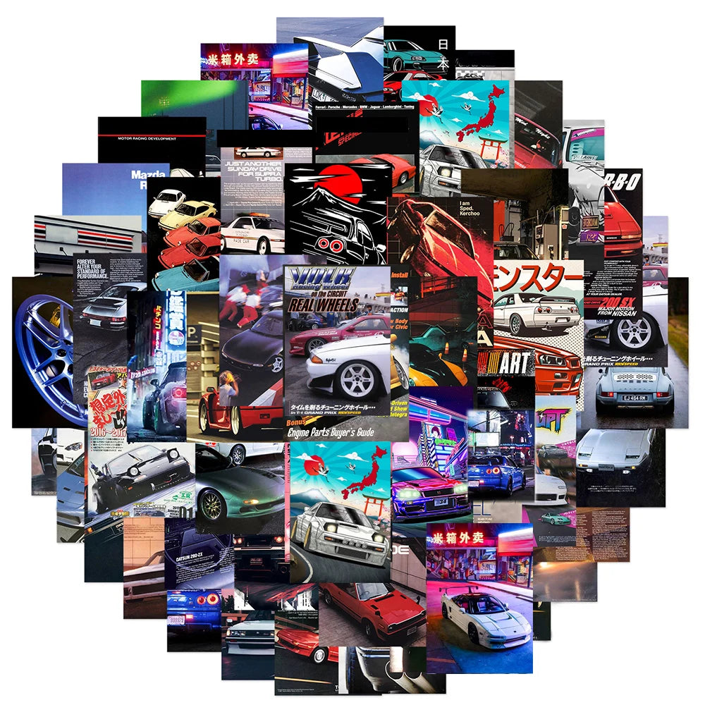 50pcs Retro JDM Car Poster Stickers Cool Retrofit Racing Cartoon Graffiti Sticker Decals for Bag Motorcycle Phone Suitcase
