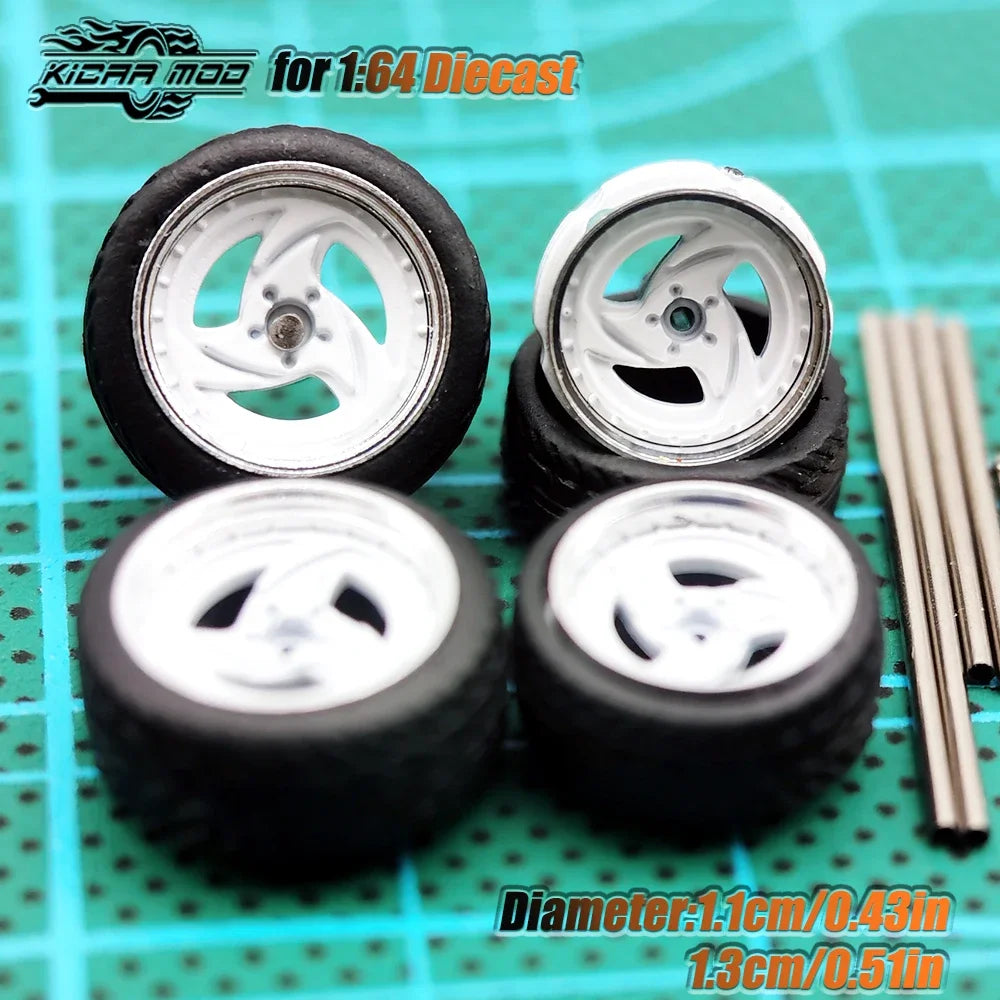 Kicarmod 1/64 Model Car ABS Wheels with Rubber Tire Metal Rims Front Small Rear Large Refitting Parts For Model Car