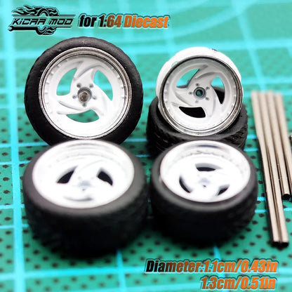 Kicarmod 1/64 Model Car ABS Wheels with Rubber Tire Metal Rims Front Small Rear Large Refitting Parts For Model Car