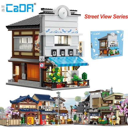 Cada Japanese Sushi HouseBricks Shop LED Japanese Steamed Bun House Building Blocks Summer Cafe Cada Toy Street View Series Set