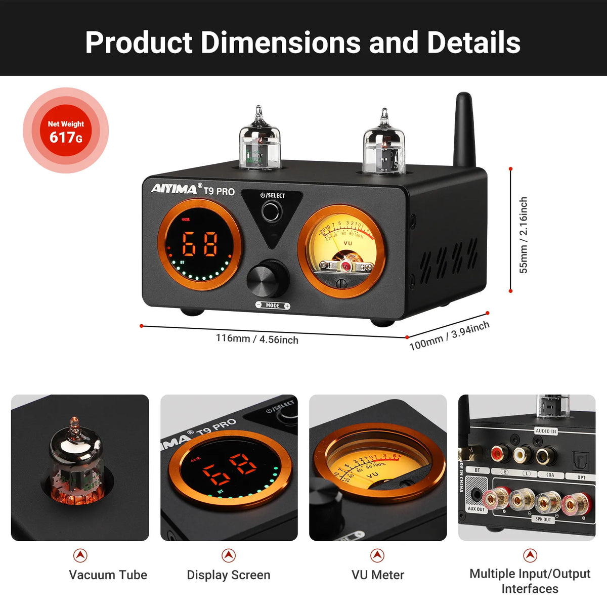 AIYIMA Audio T9 Pro Stereo Vacuum Tube Amplifier Bluetooth 5.1 QCC3040 Aptx USB DAC COAX OPT HiFi Home Digital Amp VU Meter 100w