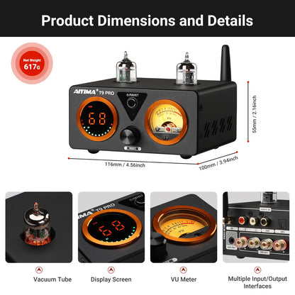 AIYIMA Audio T9 Pro Stereo Vacuum Tube Amplifier Bluetooth 5.1 QCC3040 Aptx USB DAC COAX OPT HiFi Home Digital Amp VU Meter 100w
