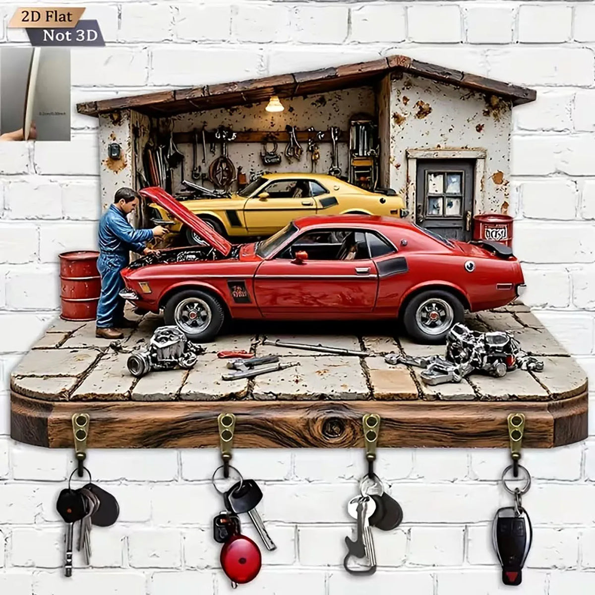 2D Flat Classic Muscle Car Garage Key Holder, 4 Hooks Wooden Wall Mount, Retro Mechanic Print Key Rack for Men