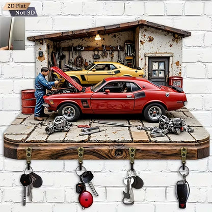 2D Flat Classic Muscle Car Garage Key Holder, 4 Hooks Wooden Wall Mount, Retro Mechanic Print Key Rack for Men