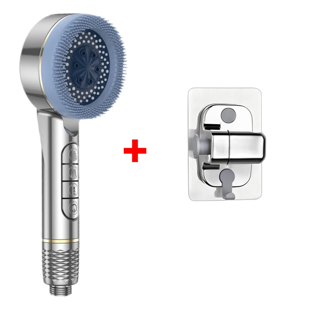 4 Modes Self-cleaning Shower Head with Silicone Brush One-Key Stop Water Massage High Pressure ABS Showerhead with Filter