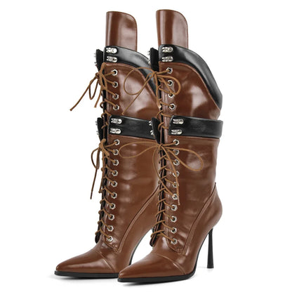 Onlymaker Women Pointed Toe Double Stiletto Heel Lace Up Mid-Calf Boots Faux Suede Nightclub Party  Daily Heel Stylish  Boots