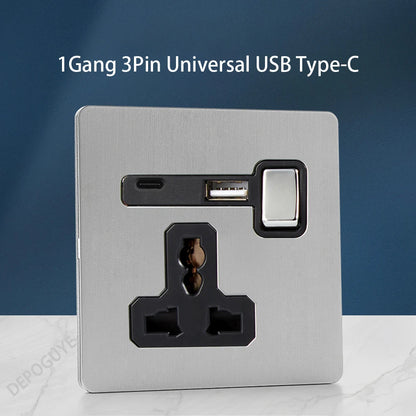Wall Light Toggle Retro Switch Panel 1-4 Gang 2 Way EU Silver Gray Brushed Stainless Steel Antique Switch Outlet with USB Chargi