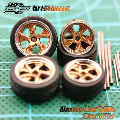 Kicarmod 1/64 Model Car ABS Wheels with Rubber Tire Metal Rims Front Small Rear Large Refitting Parts For Model Car