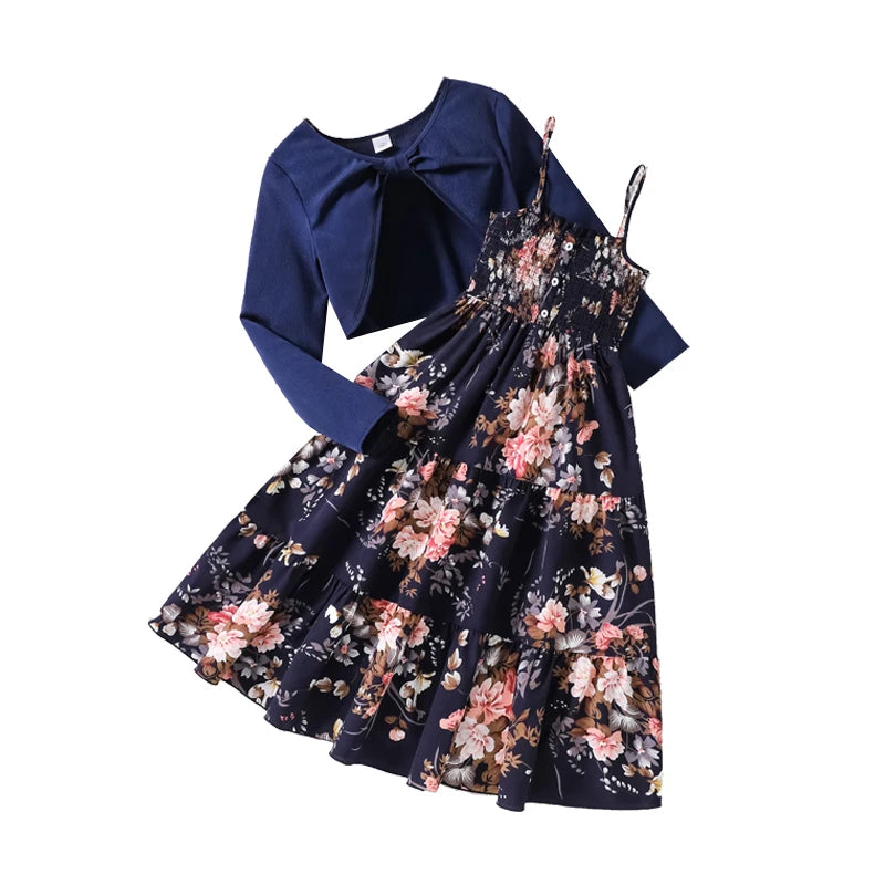 Kid Girl Long Sleeve Bow Design Coat & Beige All Print Shirred-Bodice Sling Dress Set Cute Sweet Elegant Princess Dress For Kids