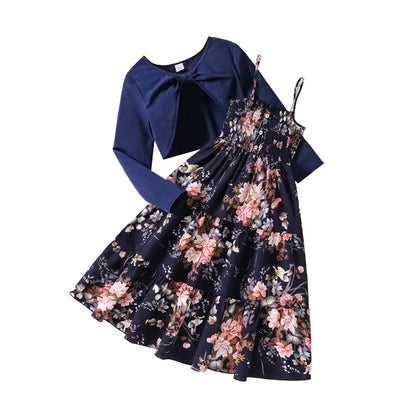 Kid Girl Long Sleeve Bow Design Coat & Beige All Print Shirred-Bodice Sling Dress Set Cute Sweet Elegant Princess Dress For Kids