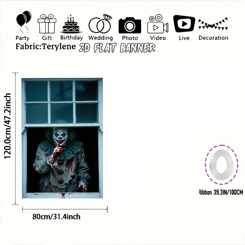 2D flat banner 1pc Halloween party banner - Horror Carnival Clown and Blood Design, Polyester Hanging Decoration