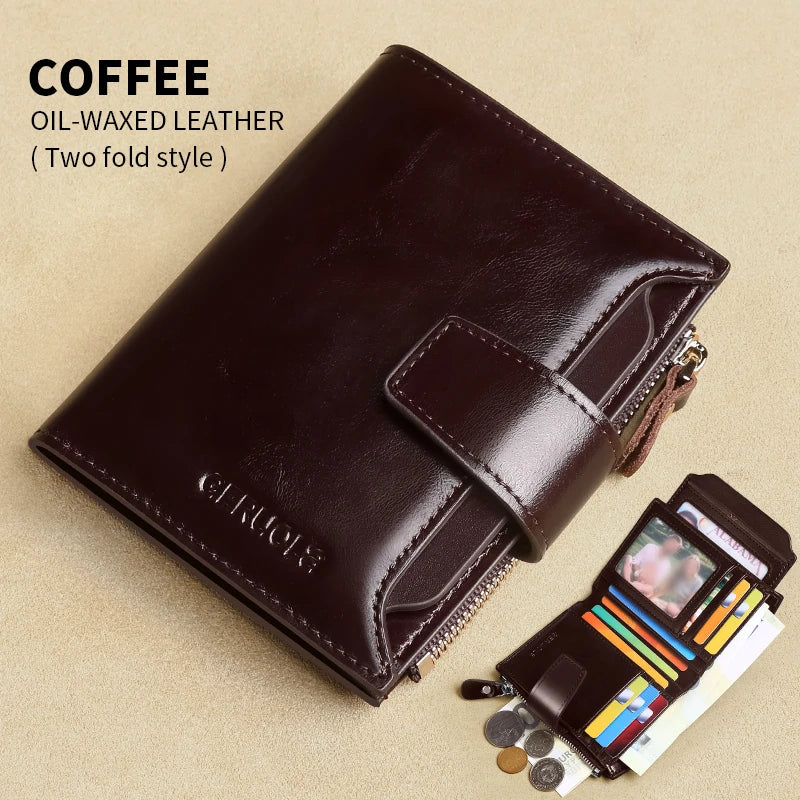 GERUOLA Men's Genuine Leather Wallet, Vintage RFID Blocking Anti-Theft Folding Wallet, ID Window, Coin Pocket, and Zipper Closur