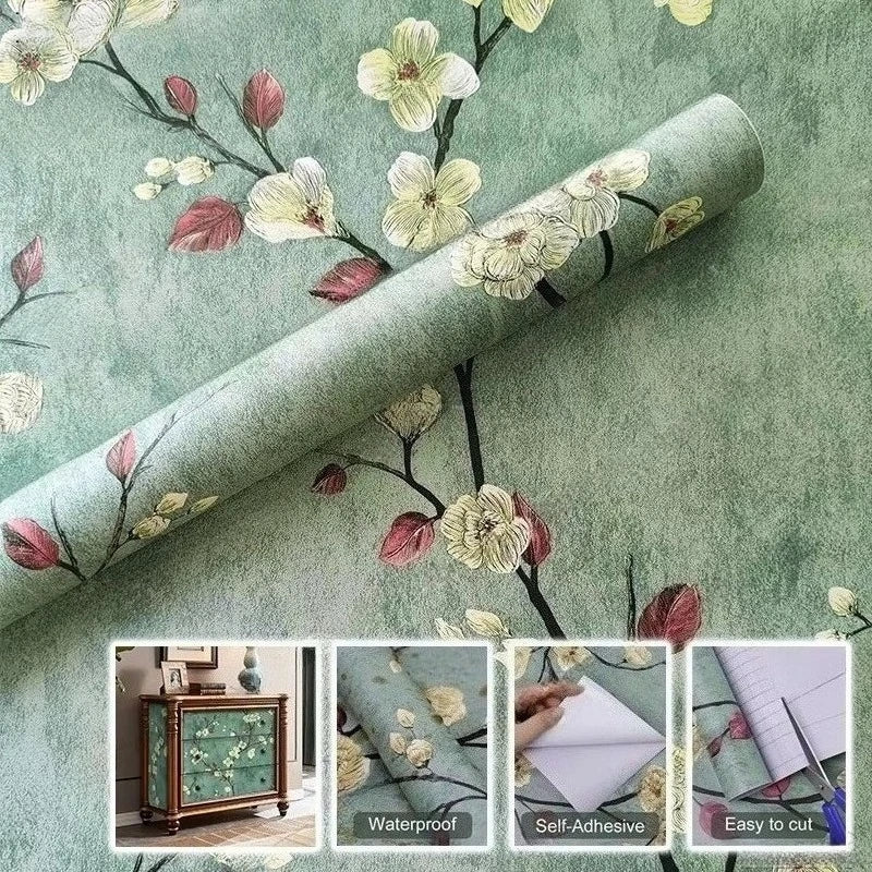 Floral Peel and Stick Wallpaper Green Flower Contact Paper Vinyl Self Adhesive Wall Paper Living Room Bedroom Cabinet Decoration