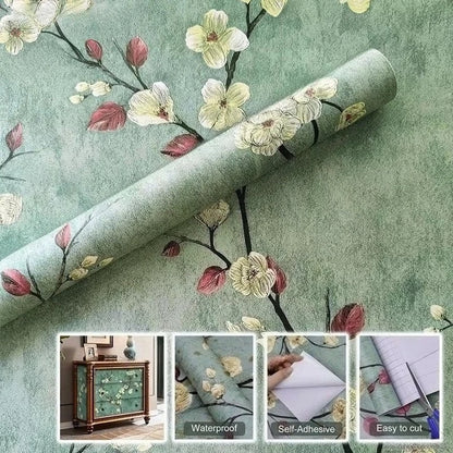 Floral Peel and Stick Wallpaper Green Flower Contact Paper Vinyl Self Adhesive Wall Paper Living Room Bedroom Cabinet Decoration