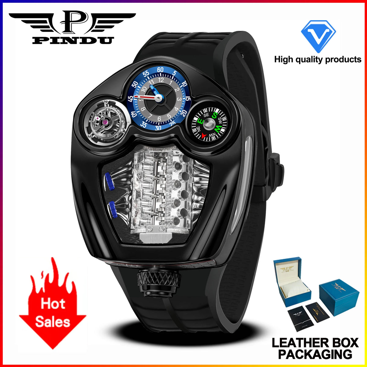 PINDU Design NEW Engine Series Quartz Watch Men Stainless steel Compass Waterproof Swiss quartz 762 movement watch TOP-luxurious