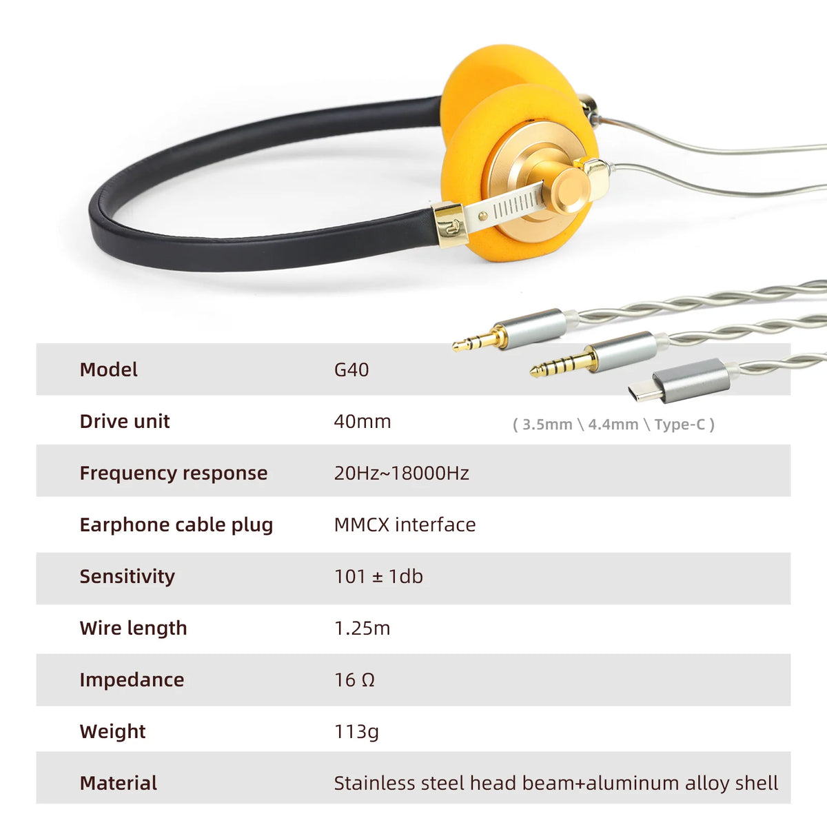 Hellodigi G40 Retro Headphone 40mm Drive Unit Open-ear Stereo Headset with MMCX Detachable Cable Stainless Adjustable Headband