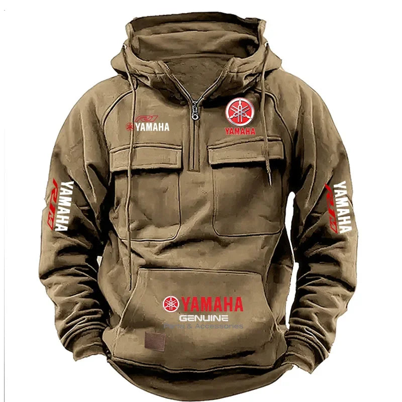2026 New YAMAHA Logo Men Retro Velvet Half Zip Hoodie Multi Pocket Motorcycle Racing Sweatshirt Autumn Winter Casual Outerwear