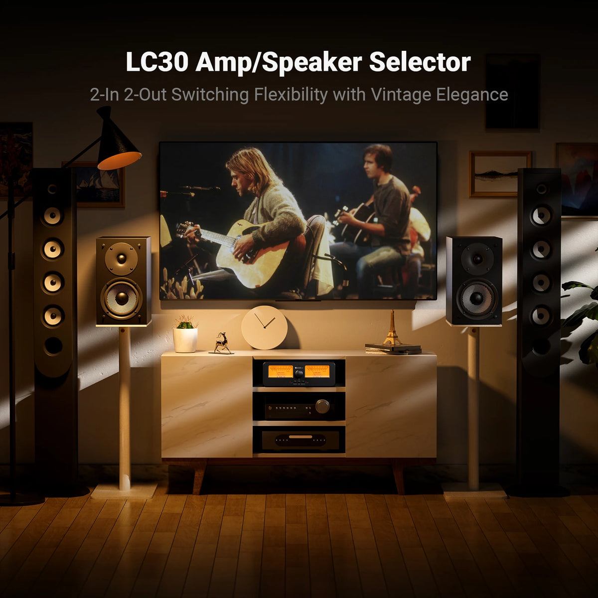 Fosi Audio LC30 Amplifier Speaker Switcher 2-in-2 Out Dual Analog VU Meter Audio Switcher Box with DB Panel Display with Remote