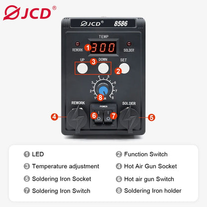 JCD 2 in 1 Digital Soldering Station Hot Air Gun Solder Iron SMD BGA Rework Desoldering Welding Repair Tools 760W 220V 110V 8586
