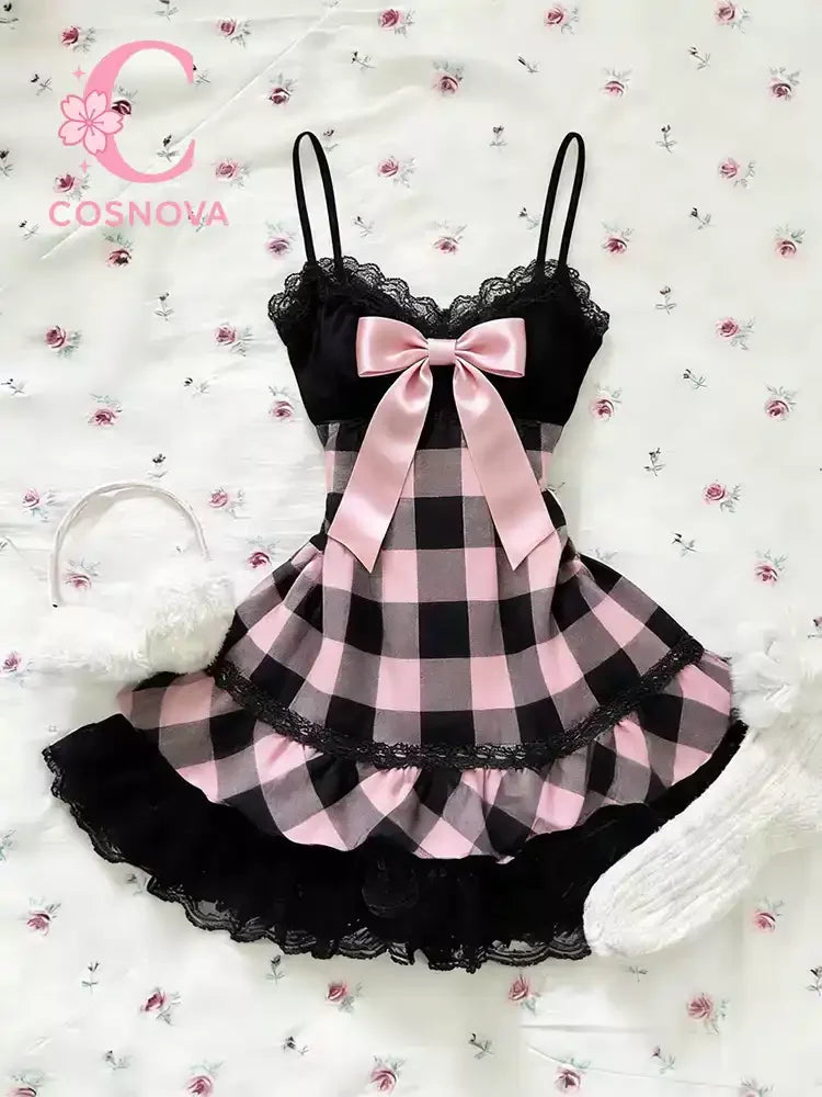 Summer Japanese Kawaii Sweet Mini Dress Women Plaid Strapless Lace Trim Elegant Sexy Dress Female Korean Chic Popular Clothes