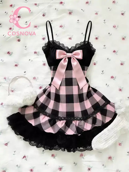 Summer Japanese Kawaii Sweet Mini Dress Women Plaid Strapless Lace Trim Elegant Sexy Dress Female Korean Chic Popular Clothes