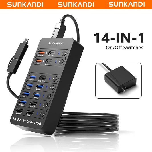 SUNKANDI 14-in-1 Powered USB Hub, USB Data Hub LED Individual On/Off USB 3.0,  USB 2.0, USB-A/C Charging for Computer Laptop