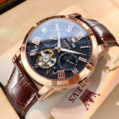 OLEVS 6668 Top Brand Men's Watches Trend Fashion Automatic Mechanical Wristwatch Leather Strap Waterproof Luminous Watch for Man