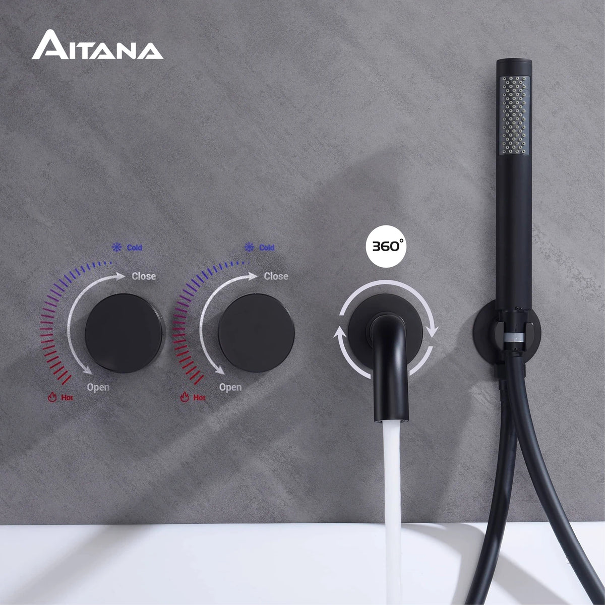 AITANA Luxury Bathroom Wall Mounted Bathtub Faucet Gunmetal Gray Brass Dual Handle Cold Hot Water Mixer 2 Function Embedded