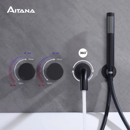 AITANA Luxury Bathroom Wall Mounted Bathtub Faucet Gunmetal Gray Brass Dual Handle Cold Hot Water Mixer 2 Function Embedded