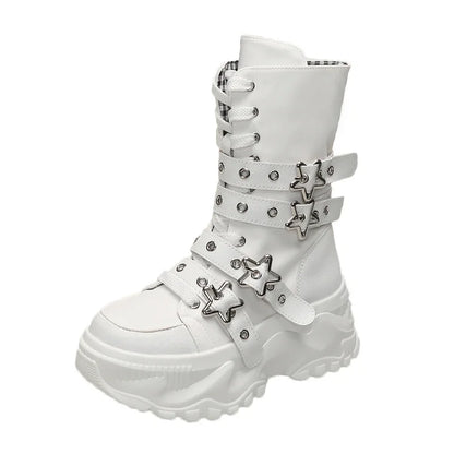 New Rock Platform Y2K Boots Women Summer 2026 Gothic Metal Star Belt Buckle Thick Sole Mid Calf Boots Woman Designer Punk Shoes