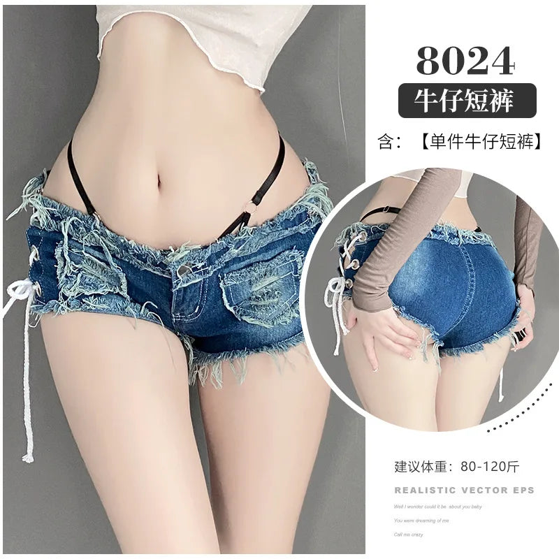Sexy Low-rise Open Crotch Shorts Bodysuit with Distressed Denim Nightclub Lingerie Set