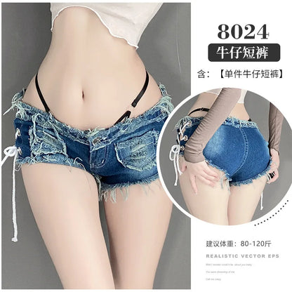 Sexy Low-rise Open Crotch Shorts Bodysuit with Distressed Denim Nightclub Lingerie Set