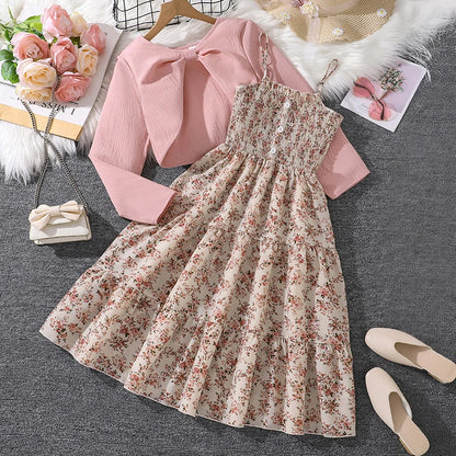 Kid Girl Long Sleeve Bow Design Coat & Beige All Print Shirred-Bodice Sling Dress Set Cute Sweet Elegant Princess Dress For Kids