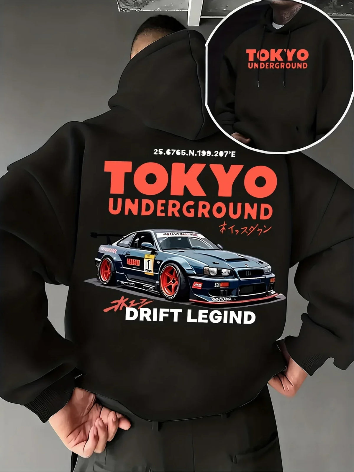 Trendy Retro JDM Drift Car Tokyo Back Graphic Hoodie For Men Women Unisex Loose Streetwear Pullover Autumn Winter Fleece