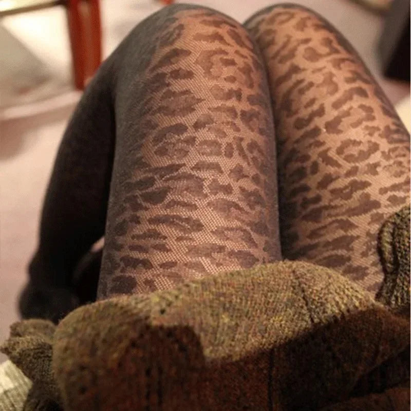 Vintage Women Sexy Thin Transparent Silky Pantyhose Gothic Black Sexy Leopard Animal Pattern Sheer Tights Seamless Stockings