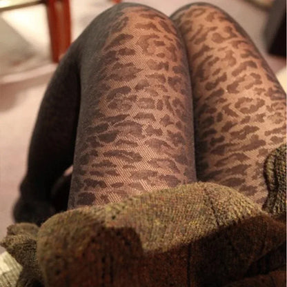Vintage Women Sexy Thin Transparent Silky Pantyhose Gothic Black Sexy Leopard Animal Pattern Sheer Tights Seamless Stockings